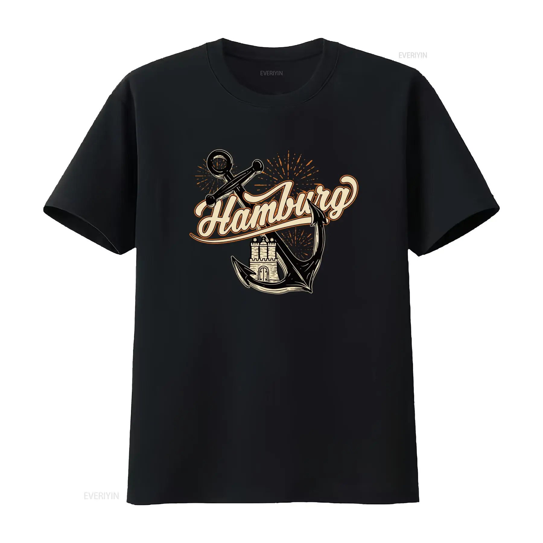 Vintage Fashion Hamburg - メンズ ハンブルク アンカー柄 Tシャツ。男性向けで、楽しくてスタイリッシュ。ヴィンテージ風のウォッシュ加工が施され、着回しやすく、快適で、通気性も良く、少しゆったりとしたデザイン。