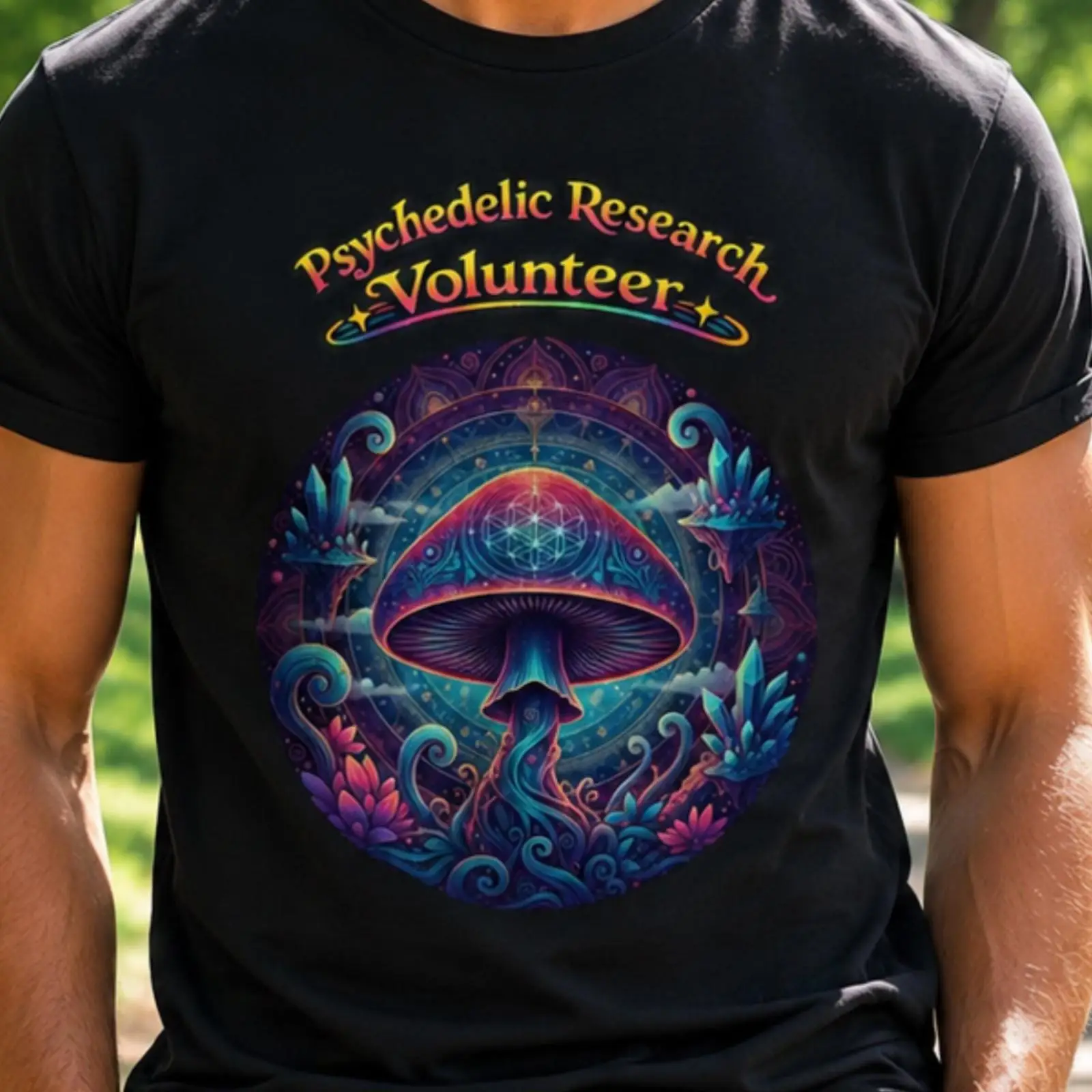 Vintage Fashion Research - サイケデリック研究ボランティアTシャツ マジックマッシュルームアート 神聖幾何学形態論 フェスティバル ヴィンテージ ウォッシュドファッション