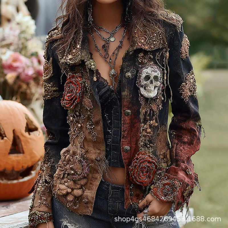 ゴシックパンクスカルローズ刺繍ジャケット女性ハロウィンヴィン - Vintage Fashion Stores のレビューと価格