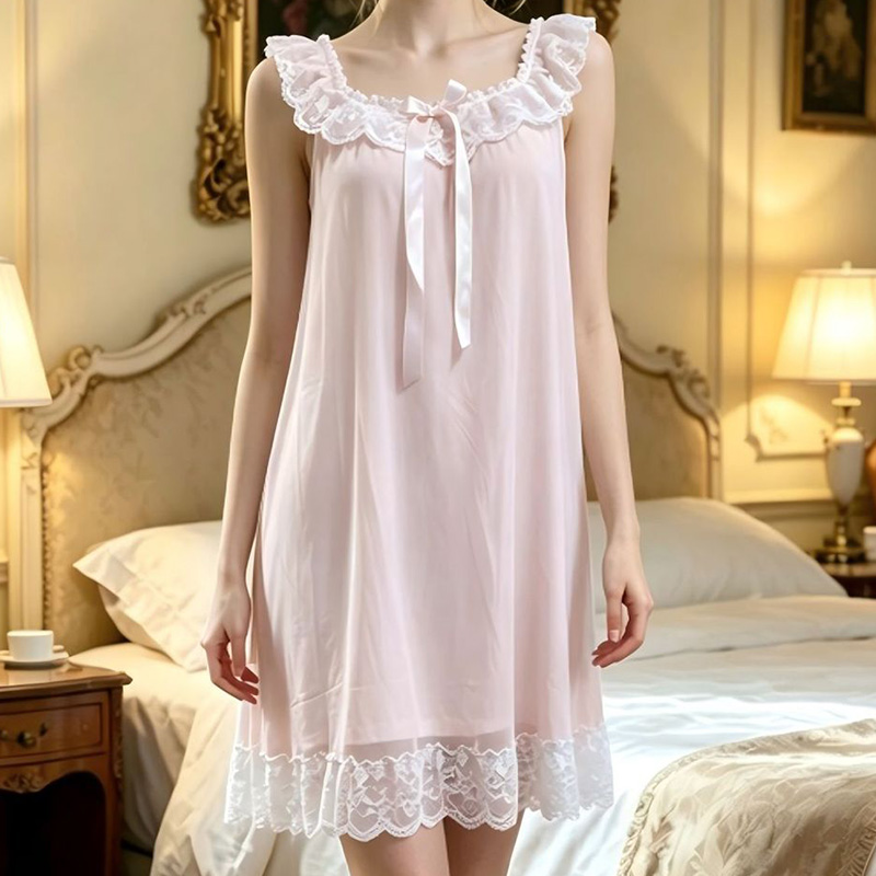女性スリーピングガウンノースリーブフリルメッシュモーダル V - Vintage Fashion Dresses のレビューと価格