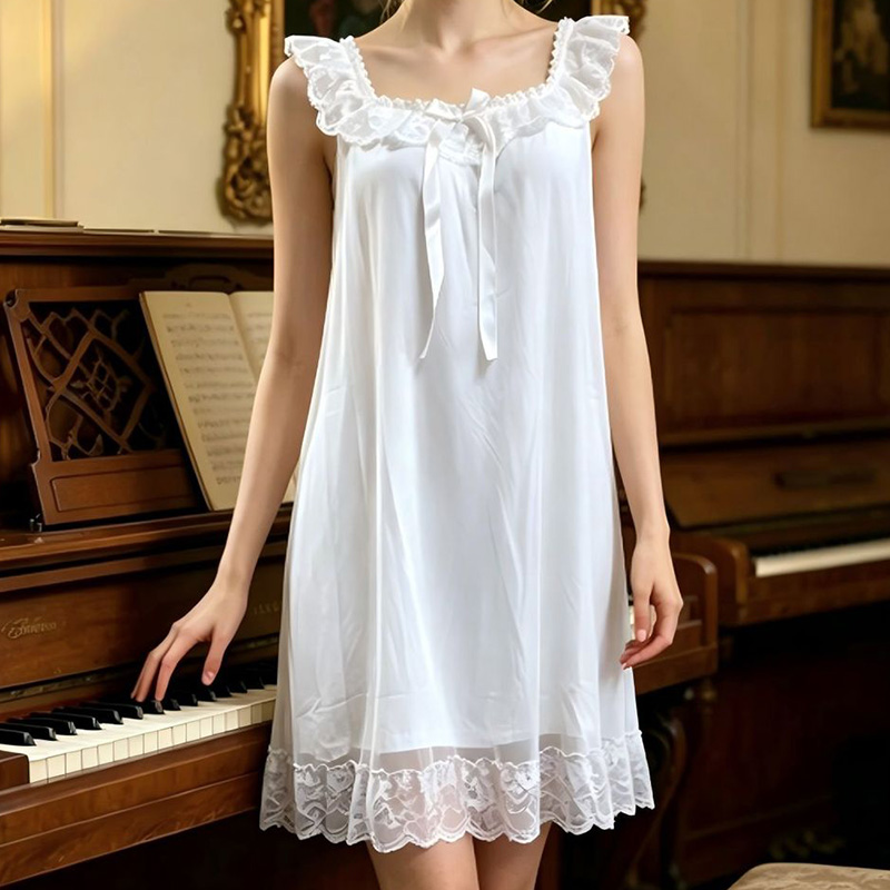 女性スリーピングガウンノースリーブフリルメッシュモーダル V - Vintage Fashion Dresses のレビューと価格